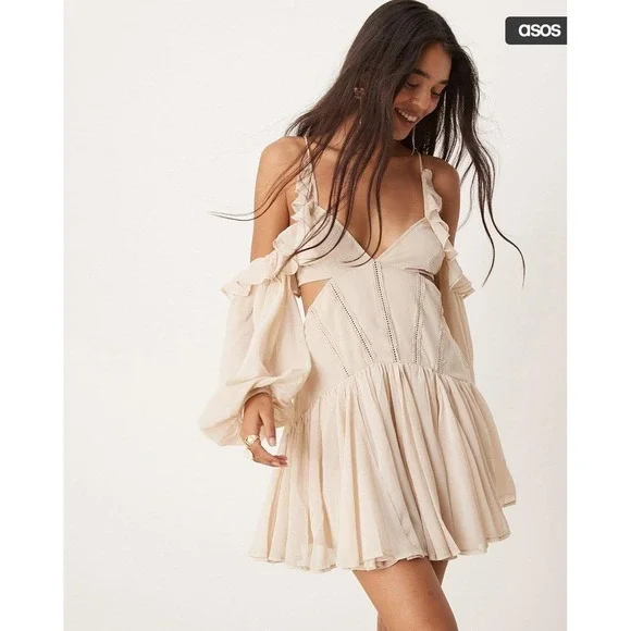 Asos Mini Dress Womens 8 Beige Ruffle Cutout Sheer Fairy Boho Festival Whimsy - Picture 1 of 9